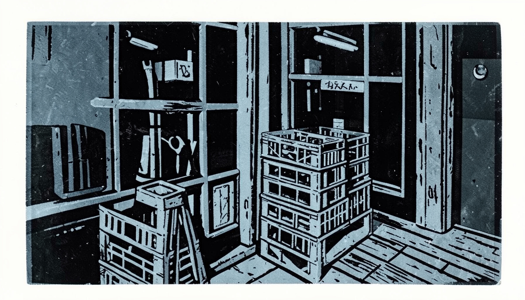A carved linocut relief print in muted slate-blue ink depicting stacked milk crates beside a shop doorway, with bold black shadows and a quiet, urban atmosphere.
